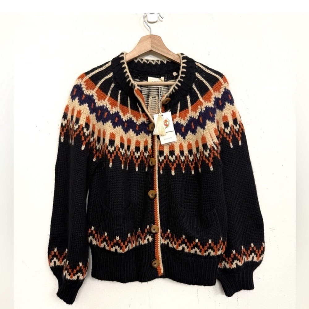 NWT DÔEN Hue Fair Isle Alpaca-blend Cardigan In Black/ Deep Navy Multi Sz S